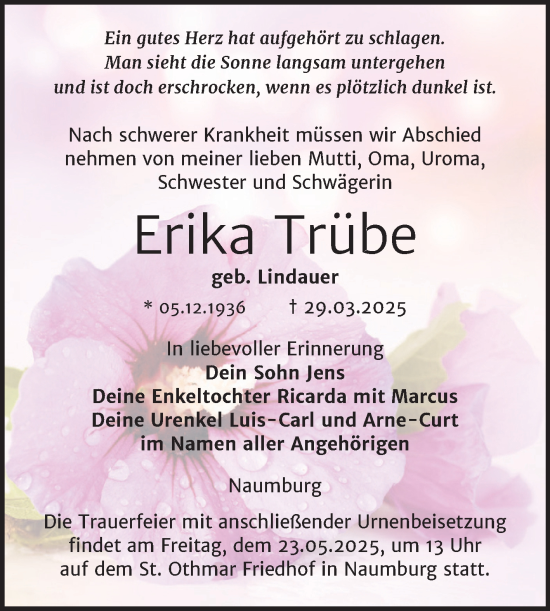 Traueranzeige von Erika Trübe von Naumburger Tageblatt