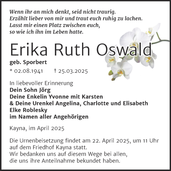 Traueranzeige von Erika Ruth Oswald von Trauerkombi Zeitz