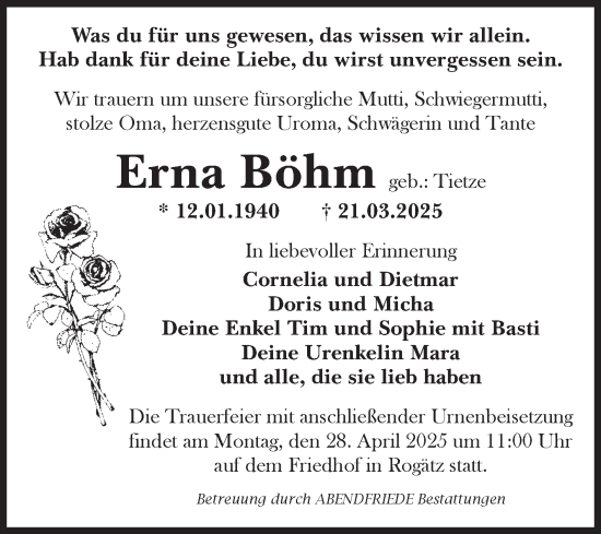 Traueranzeige von Erna Böhm von Volksstimme Haldensleben/Wolmirstedt