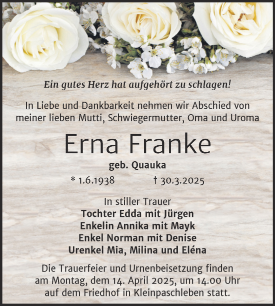 Traueranzeige von Erna Franke von Trauerkombi Köthen