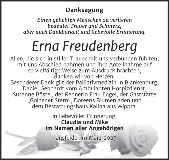 Traueranzeige von Erna Freudenberg von Trauerkombi Quedlinburg