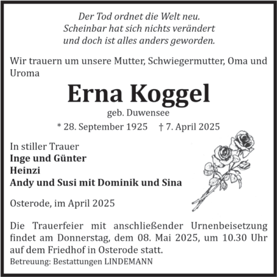 Traueranzeige von Erna Koggel von Volksstimme Halberstadt