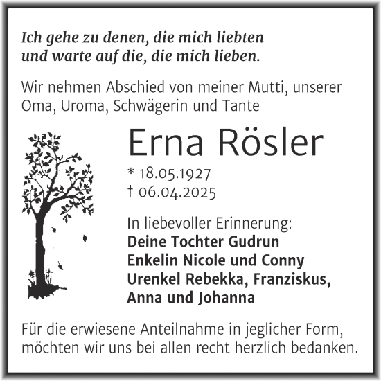Traueranzeige von Erna Rösler von Trauerkombi Merseburg