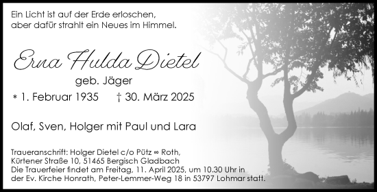 Traueranzeige von Erna Hulda Dietel von Mitteldeutsche Zeitung Sangerhausen