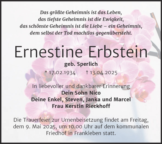 Traueranzeige von Ernestine Erbstein von Trauerkombi Merseburg