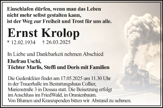 Traueranzeige von Ernst Krolop von Trauerkombi Dessau