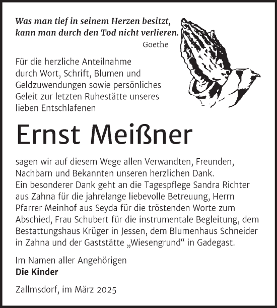 Traueranzeige von Ernst Meißner von Trauerkombi Wittenberg