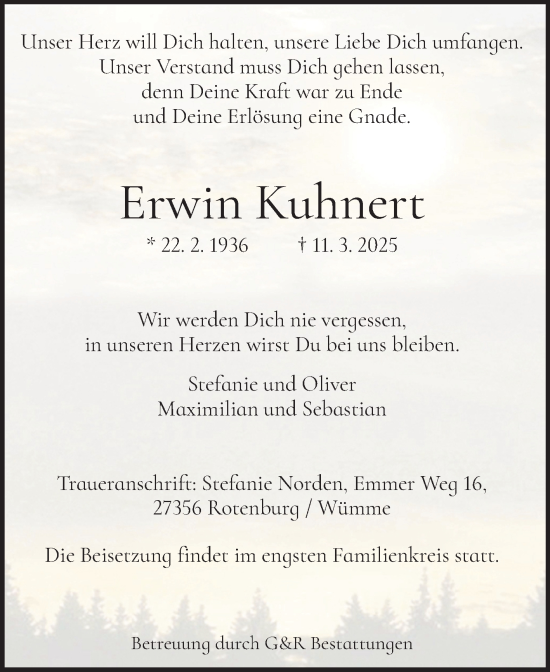 Traueranzeige von Erwin Kuhnert von Volksstimme Wernigerode
