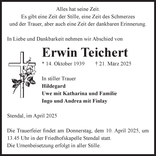 Traueranzeige von Erwin Teichert von Volksstimme Altmark Ost