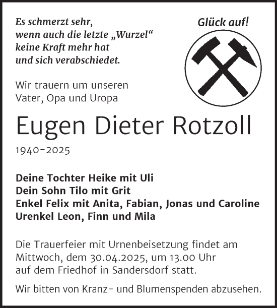 Traueranzeige von Eugen Dieter Rotzoll von Trauerkombi Bitterfeld