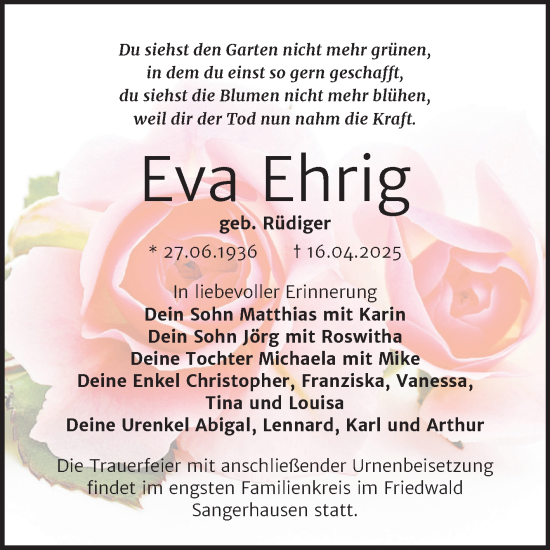 Traueranzeige von Eva Ehrig von Trauerkombi Sangerhausen