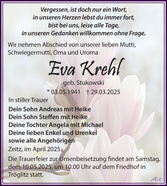 Traueranzeige von Eva Krehl von Trauerkombi Zeitz