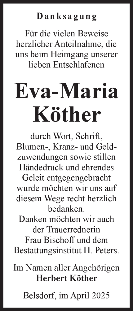 Traueranzeige von Eva-Maria Köther von Volksstimme Haldensleben/Wolmirstedt