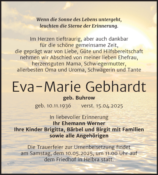 Traueranzeige von Eva-Marie Gebhardt von Trauerkombi Mansfelder Land