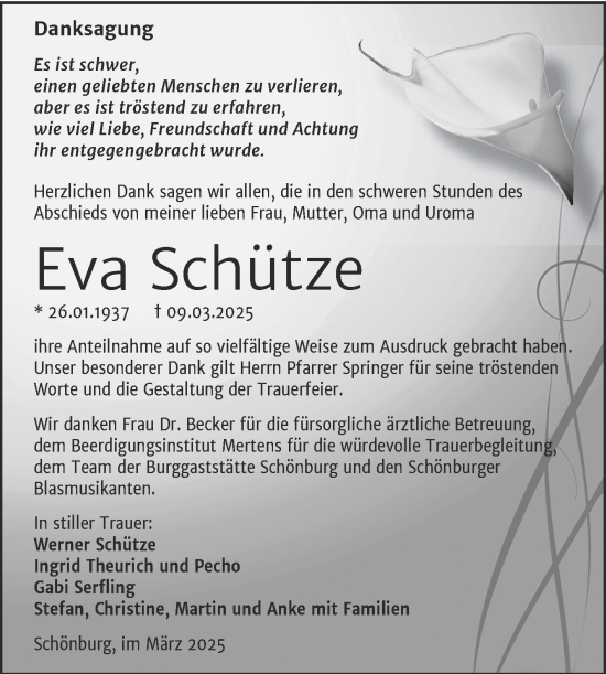 Traueranzeige von Eva Schütze von Super Sonntag Naumburg/Nebra