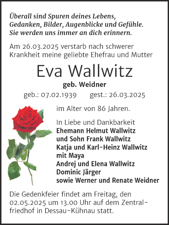 Traueranzeige von Eva Wallwitz von Trauerkombi Dessau