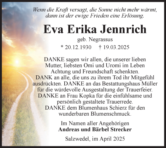 Traueranzeige von Eva Erika Jennrich von Volksstimme Altmark West
