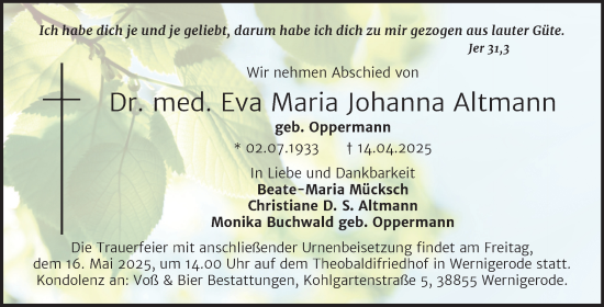 Traueranzeige von Eva Maria Johanna Altmann von Mitteldeutsche Zeitung Aschersleben