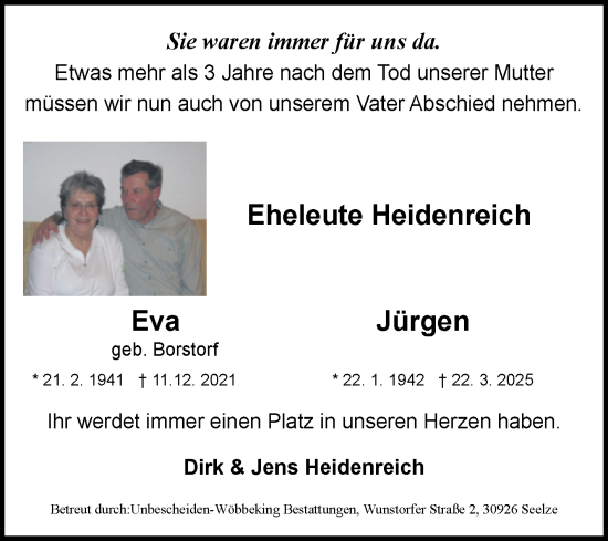 Traueranzeige von Eva und Jürgen Heidenreich von Volksstimme Magdeburg