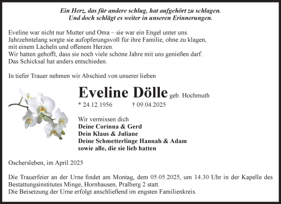 Traueranzeige von Eveline Dölle von Volksstimme Oschersleben/Wanzleben