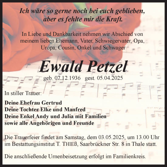 Traueranzeige von Ewald Petzel von Trauerkombi Quedlinburg