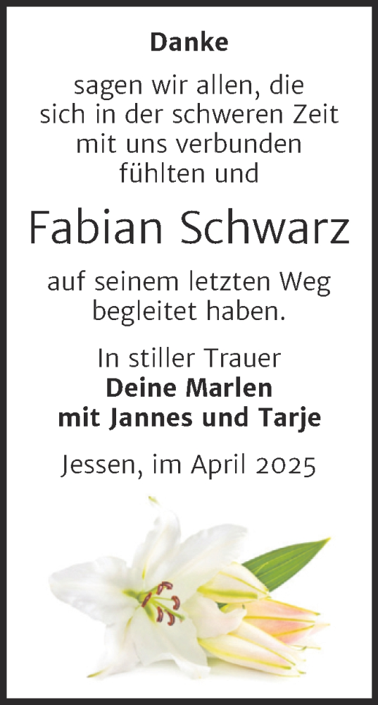 Traueranzeige von Fabian Schwarz von Trauerkombi Wittenberg