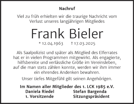 Traueranzeige von Frank Bieler von Trauerkombi Weißenfels