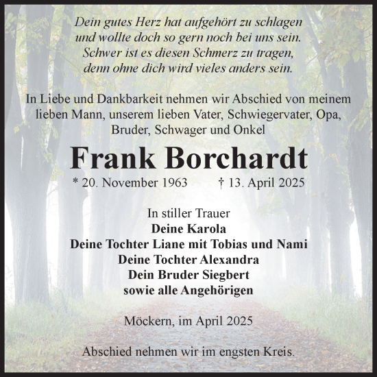 Traueranzeige von Frank Borchardt von Volksstimme Burg/Genthin