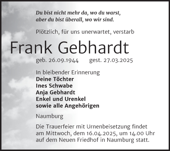 Traueranzeige von Frank Gebhardt von Super Sonntag Naumburg/Nebra