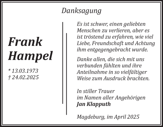 Traueranzeige von Frank Hampel von Volksstimme Magdeburg