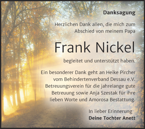 Traueranzeige von Frank Nickel von Trauerkombi Dessau