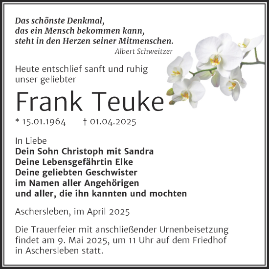 Traueranzeige von Frank Teuke von Trauerkombi Aschersleben