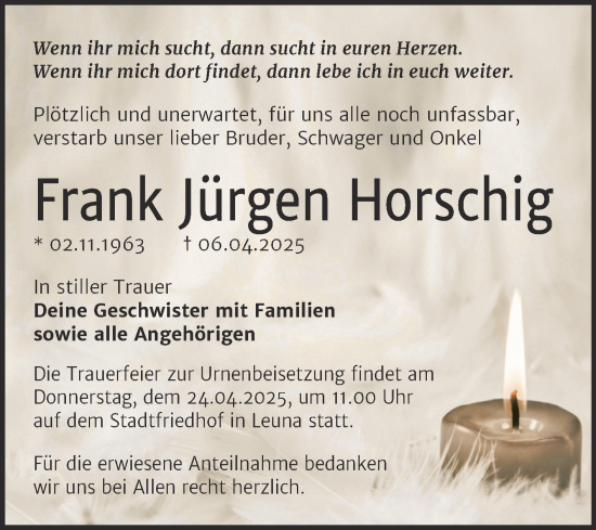 Traueranzeige von Frank Jürgen Horschig von Trauerkombi Merseburg