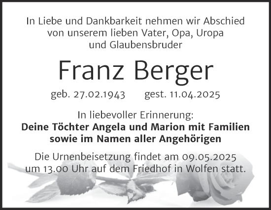 Traueranzeige von Franz Berger von Trauerkombi Bitterfeld