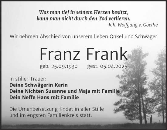 Traueranzeige von Franz Frank von Trauerkombi Bitterfeld