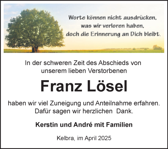 Traueranzeige von Franz Lösel von Trauerkombi Sangerhausen