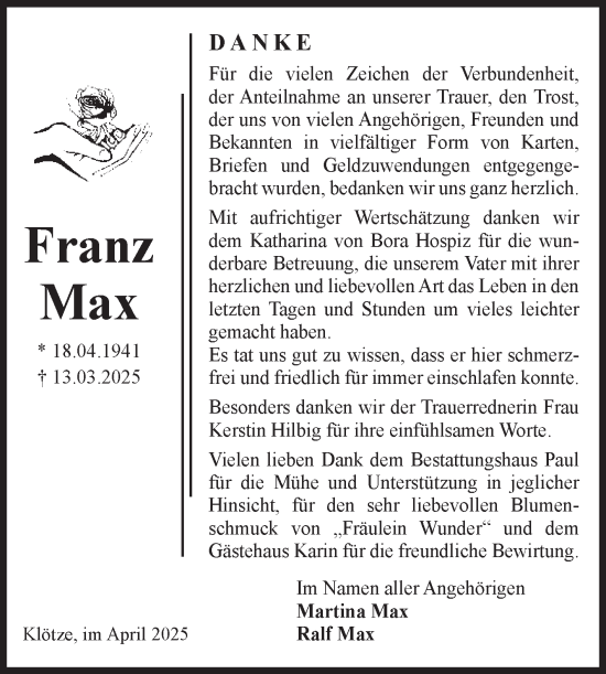 Traueranzeige von Franz Max von Volksstimme Altmark West