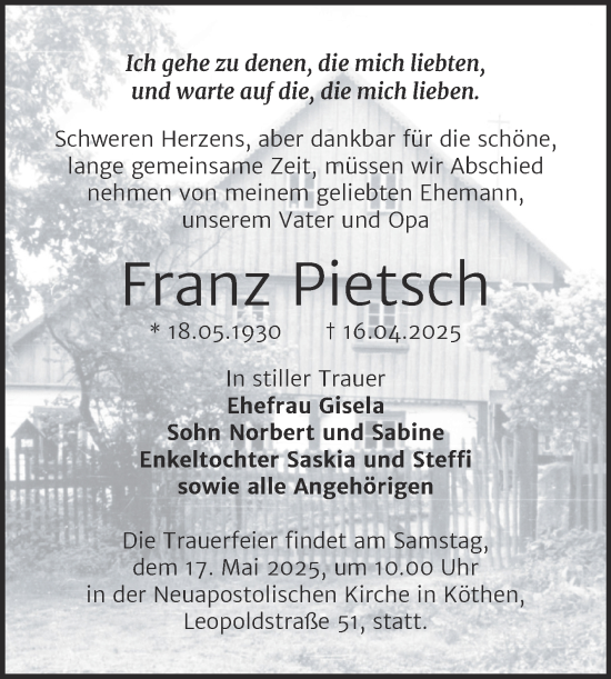 Traueranzeige von Franz Pietsch von Trauerkombi Köthen