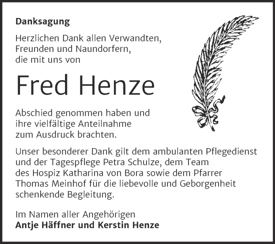 Traueranzeige von Fred Henze von Trauerkombi Wittenberg