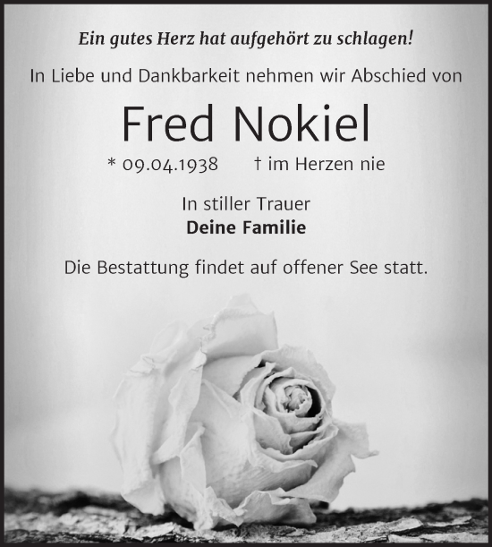 Traueranzeige von Fred Nokiel von Trauerkombi Wittenberg