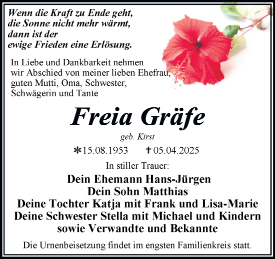Traueranzeige von Freia Gräfe von Trauerkombi Dessau