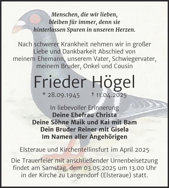 Traueranzeige von Frieder Högel von Trauerkombi Zeitz