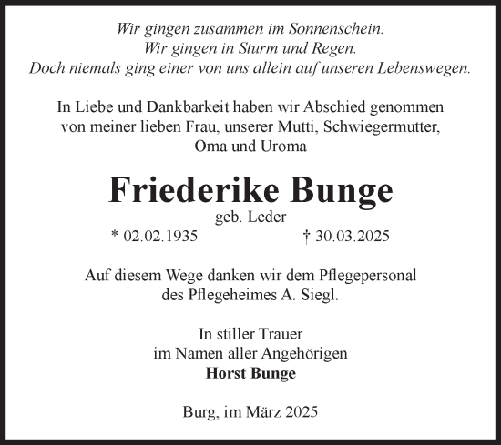 Traueranzeige von Friederike Bunge von Volksstimme Burg/Genthin