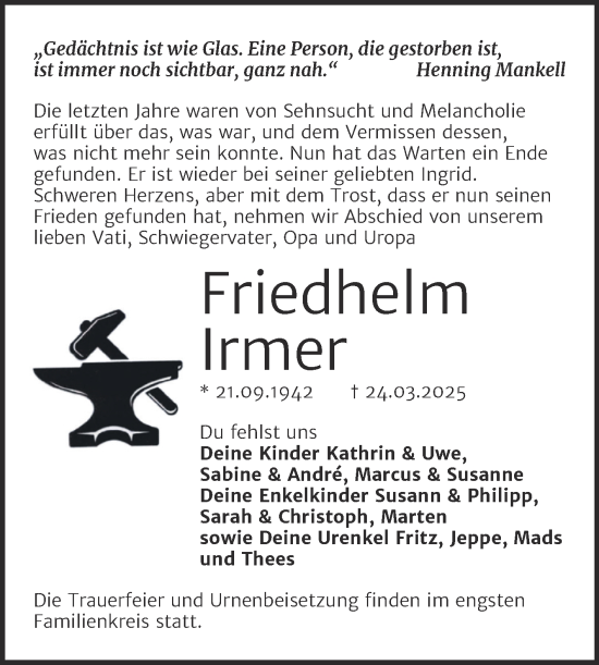 Traueranzeige von Friedhelm Irmer von Trauerkombi Wittenberg