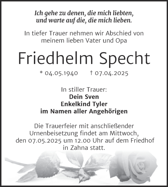 Traueranzeige von Friedhelm Specht von Trauerkombi Wittenberg