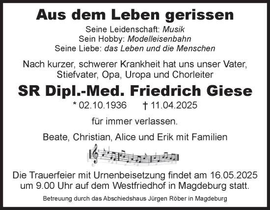 Traueranzeige von Friedrich Giese von Mitteldeutsche Zeitung Dessau-Roßlau