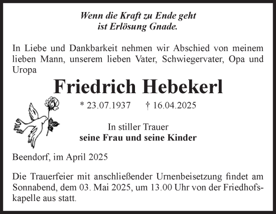 Traueranzeige von Friedrich Hebekerl von Volksstimme Haldensleben/Wolmirstedt