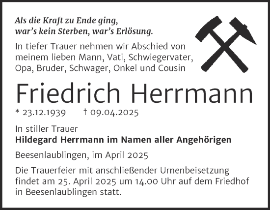 Traueranzeige von Friedrich Herrmann von Trauerkombi Bernburg