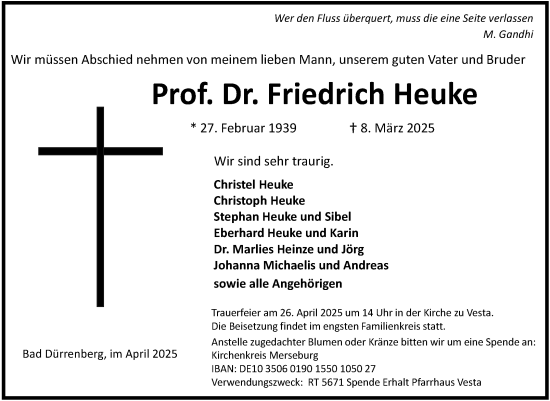 Traueranzeige von Friedrich Heuke von Mitteldeutsche Zeitung Aschersleben