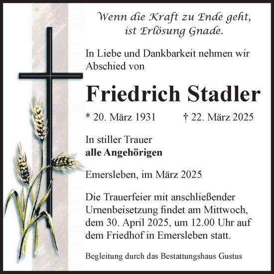Traueranzeige von Friedrich Stadler von Volksstimme Halberstadt